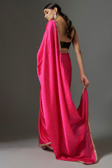 Rani Pink Satin Georgette Foil Printed Saree Set