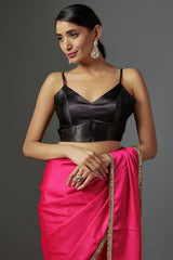 Rani Pink Satin Georgette Foil Printed Saree Set