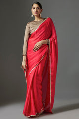 Coral Pink Satin Georgette Metallic Fringe Saree Set