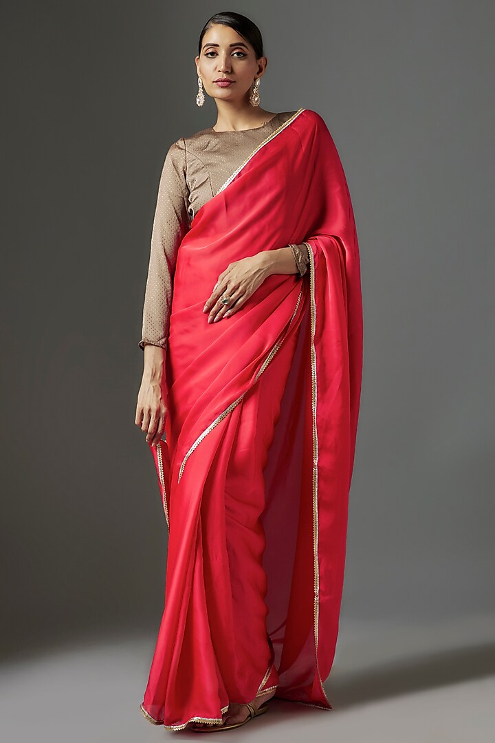 Coral Pink Satin Georgette Metallic Fringe Saree Set