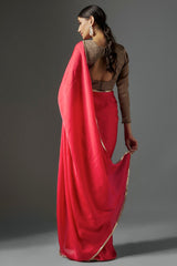 Coral Pink Satin Georgette Metallic Fringe Saree Set