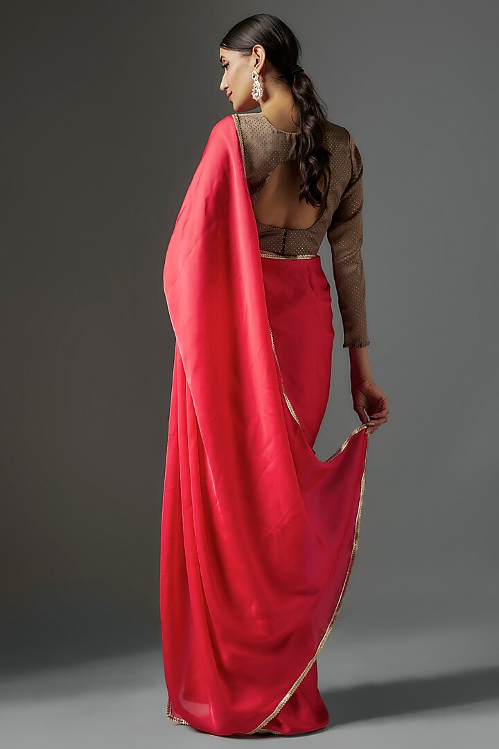 Coral Pink Satin Georgette Metallic Fringe Saree Set