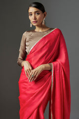 Coral Pink Satin Georgette Metallic Fringe Saree Set