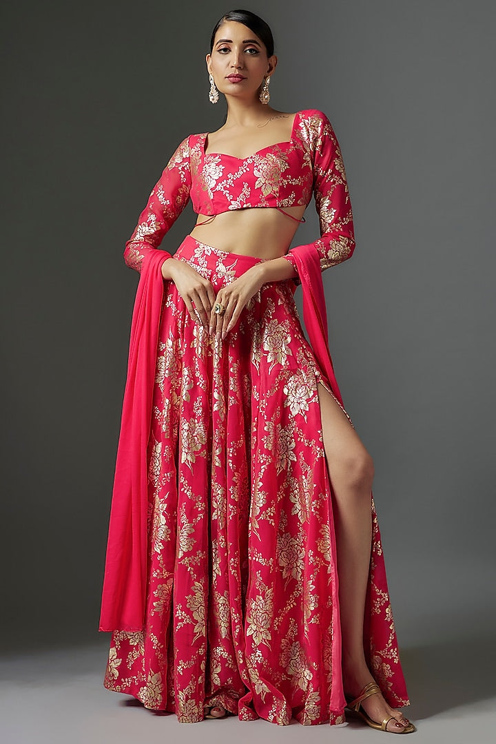 Rani Pink Recycled Polyester Metallic Foil Printed Lehenga Set