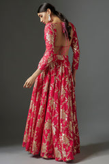 Rani Pink Recycled Polyester Metallic Foil Printed Lehenga Set