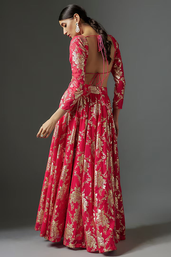 Rani Pink Recycled Polyester Metallic Foil Printed Lehenga Set