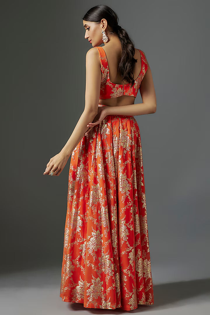 Orange Recycled Polyester Metallic Foil Printed Lehenga Set