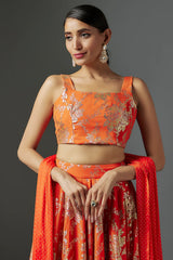 Orange Recycled Polyester Metallic Foil Printed Lehenga Set