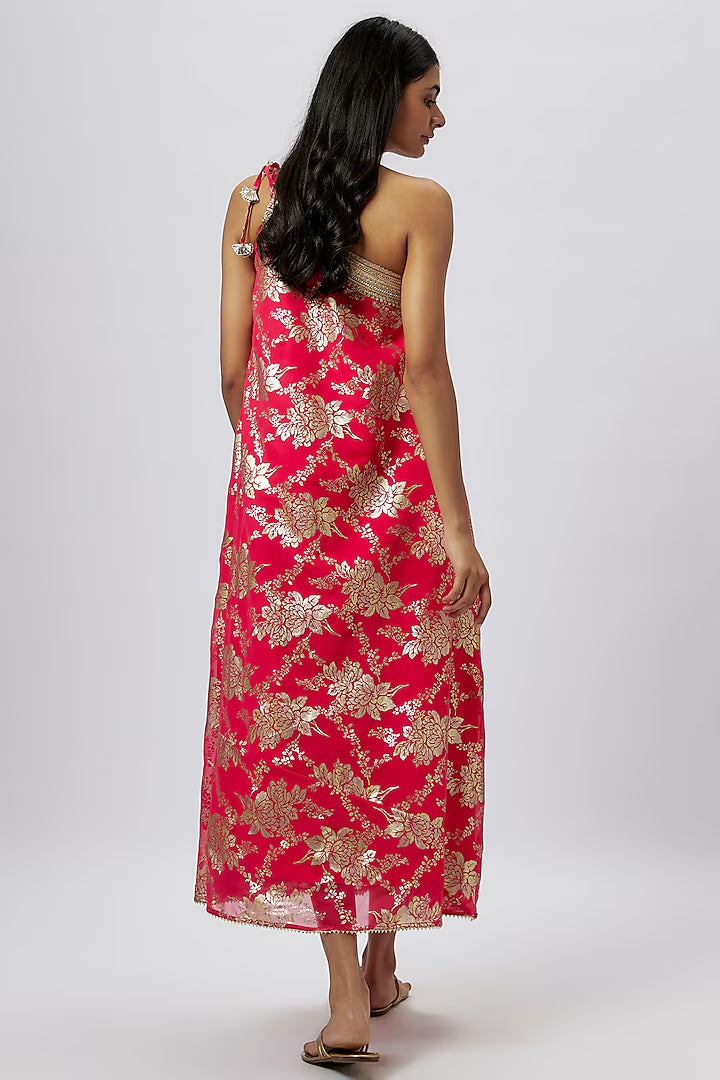 Rani Pink Recycled Polyester Foil Printed & Metallic Embroidered Kaftan