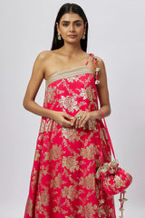 Rani Pink Recycled Polyester Foil Printed & Metallic Embroidered Kaftan