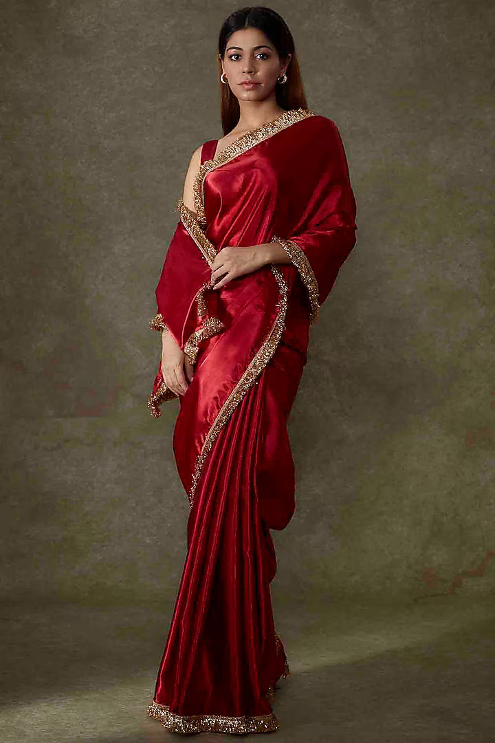 Maroon Satin Saree Set
