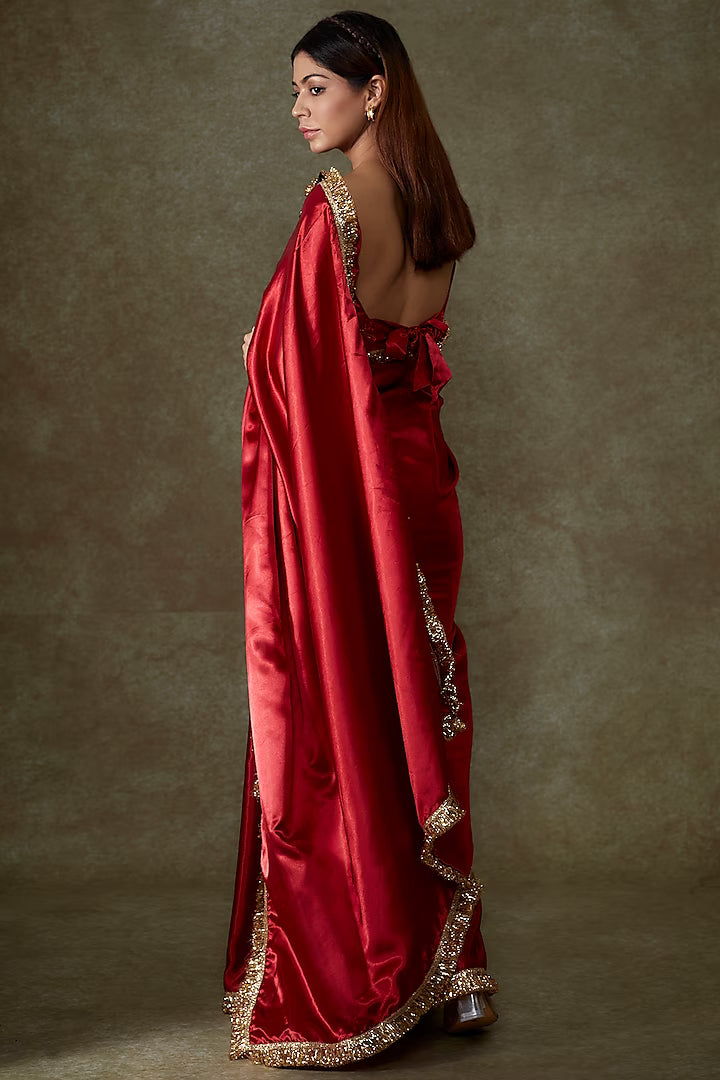 Maroon Satin Saree Set