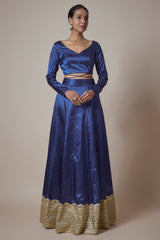 Navy Blue Recycled Polyester Printed & Embroidered Lehenga Set