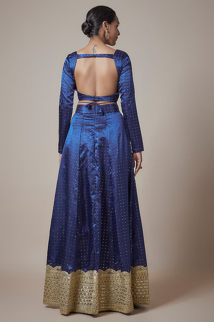 Navy Blue Recycled Polyester Printed & Embroidered Lehenga Set