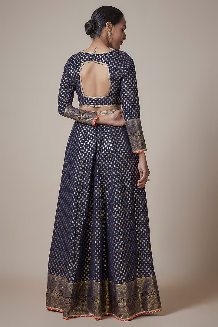 Navy Blue Recycled Polyester Metallic Embroidered Lehenga Set