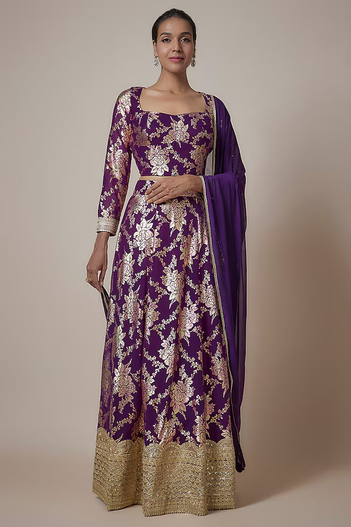 Purple Recycled Polyester Foil Printed Lehenga Set