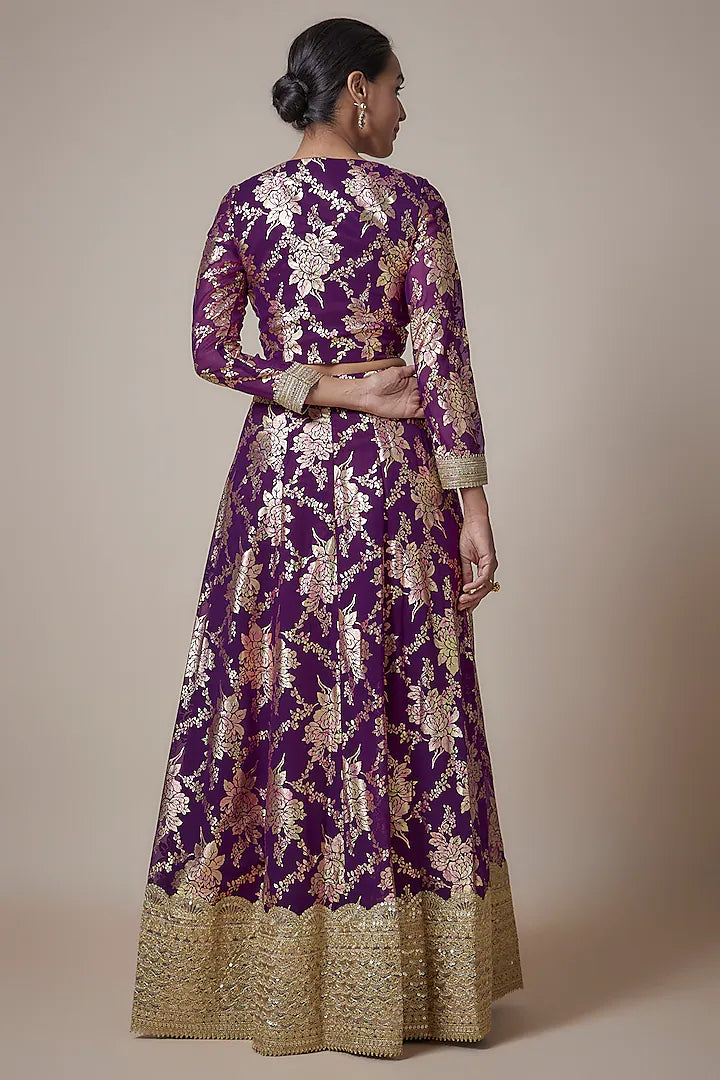 Purple Recycled Polyester Foil Printed Lehenga Set