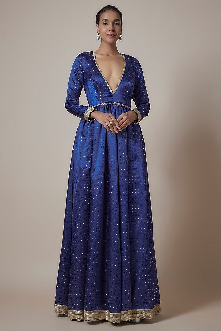 Navy Blue Recycled Polyester Metallic Embroidered Gown