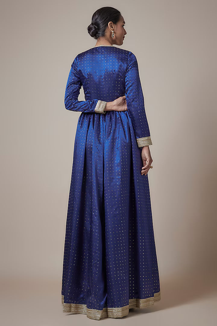 Navy Blue Recycled Polyester Metallic Embroidered Gown