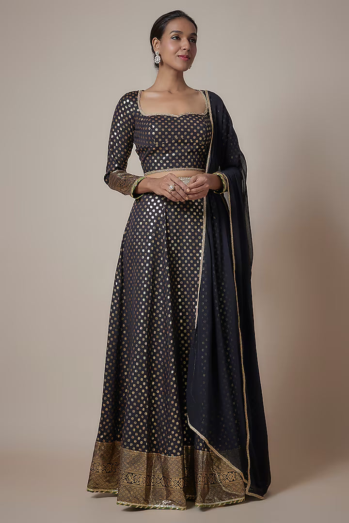 Black Recycled Polyester Metallic Embroidered Lehenga Set