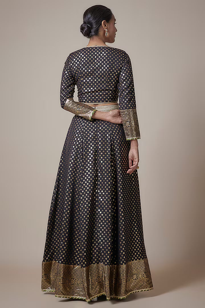 Black Recycled Polyester Metallic Embroidered Lehenga Set
