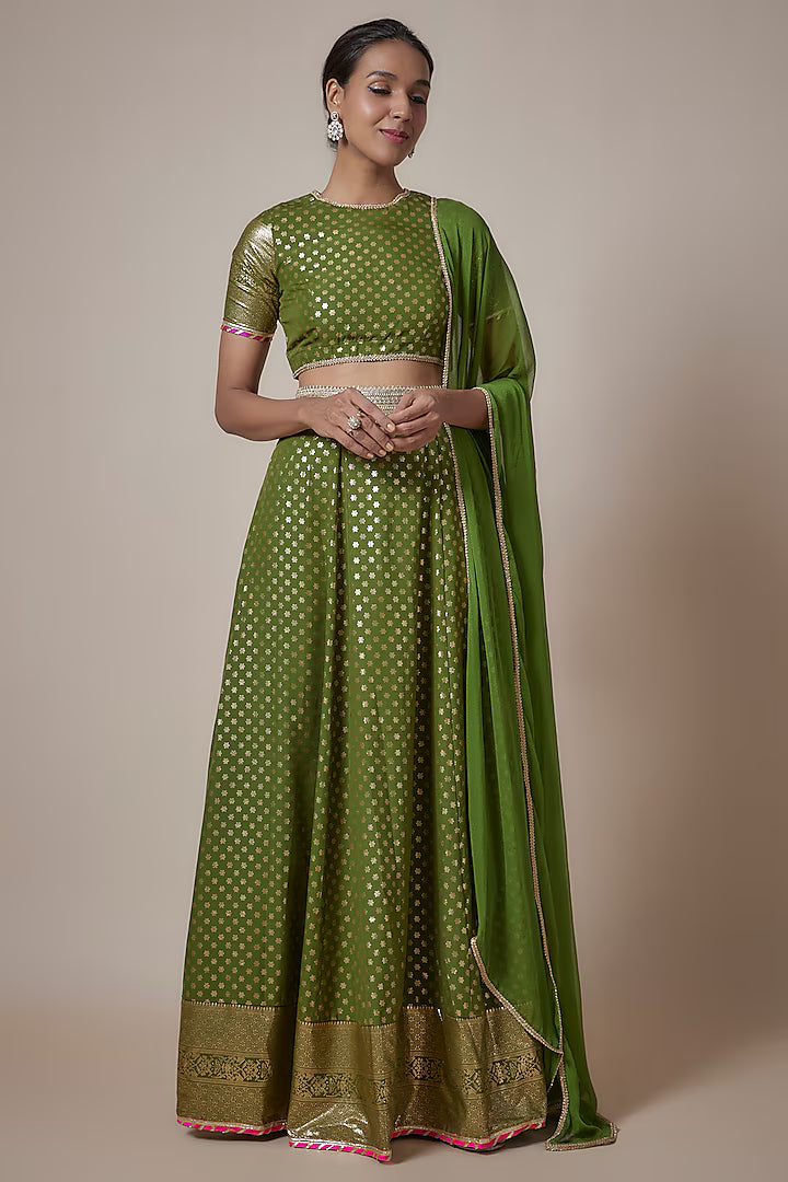 Olive Recycled Polyester Metallic Embroidered Lehenga Set