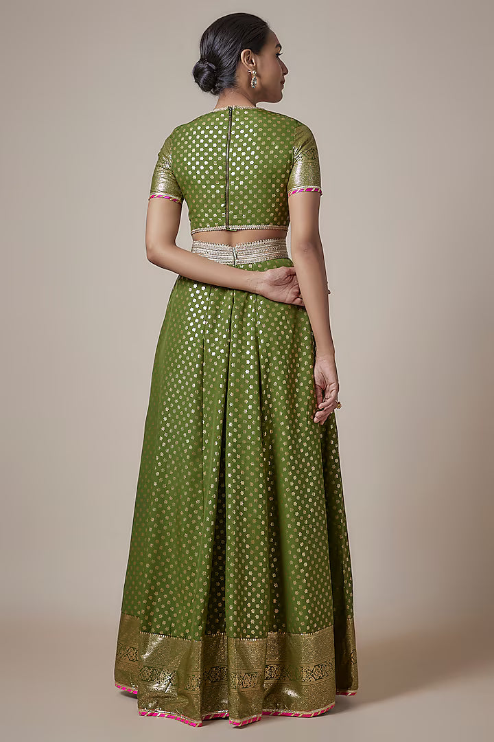 Olive Recycled Polyester Metallic Embroidered Lehenga Set