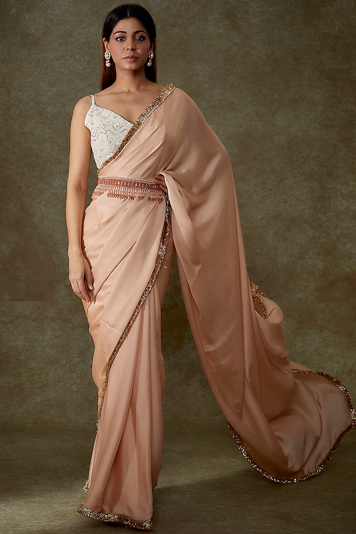 Peach Satin Georgette Saree Set