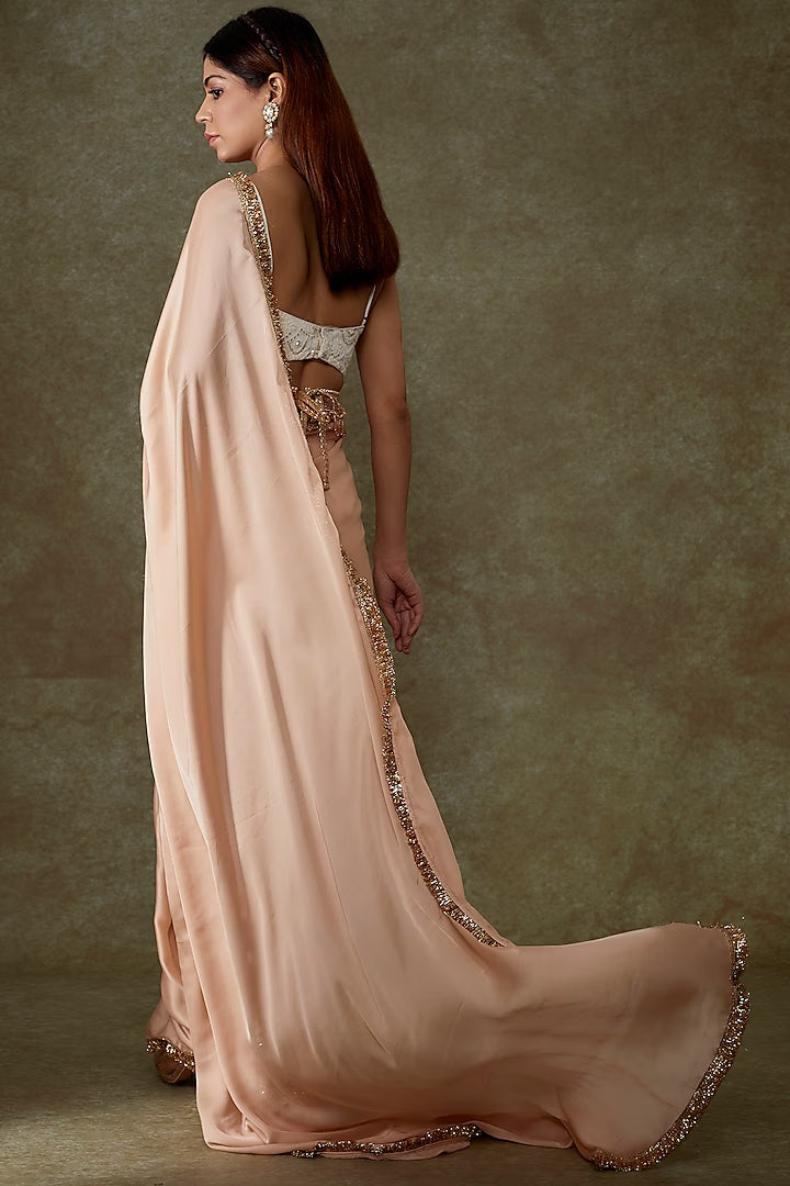 Peach Satin Georgette Saree Set