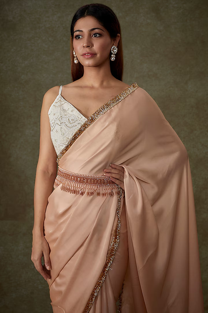 Peach Satin Georgette Saree Set
