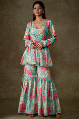 Blue Satin Georgette Fringe Kaftan