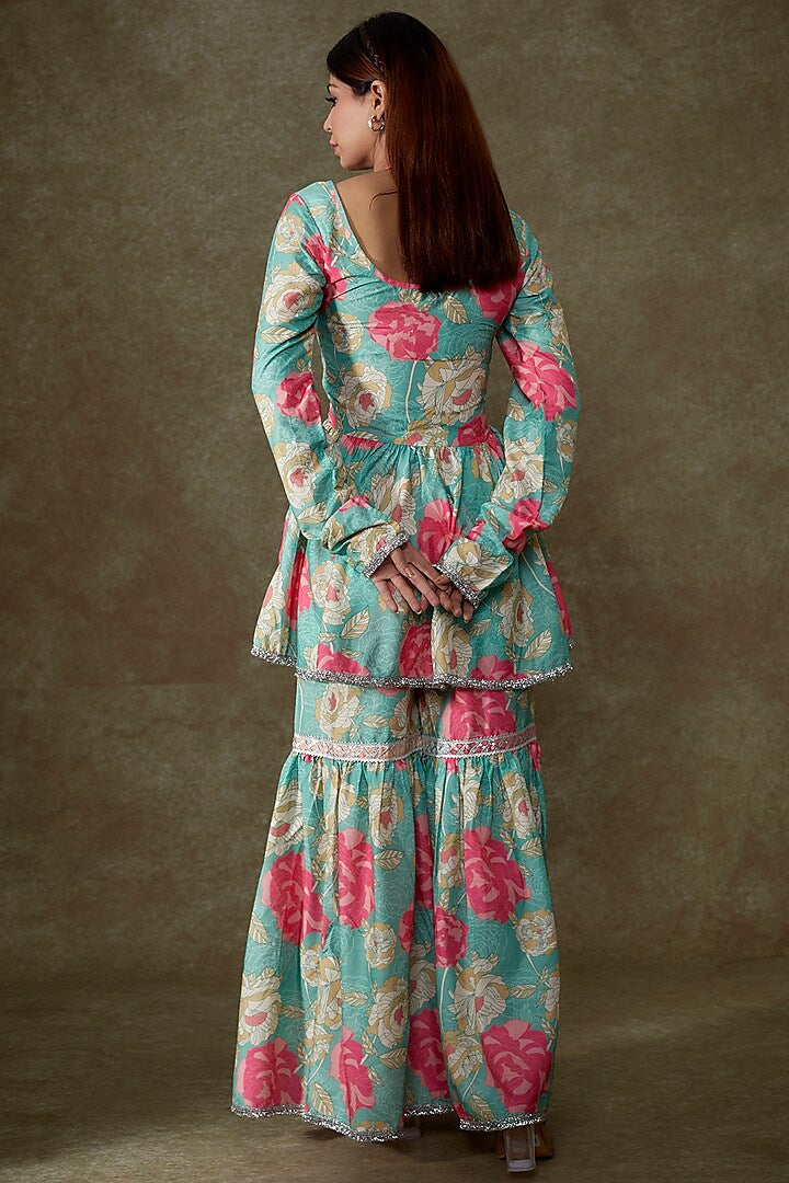 Blue Satin Georgette Fringe Kaftan