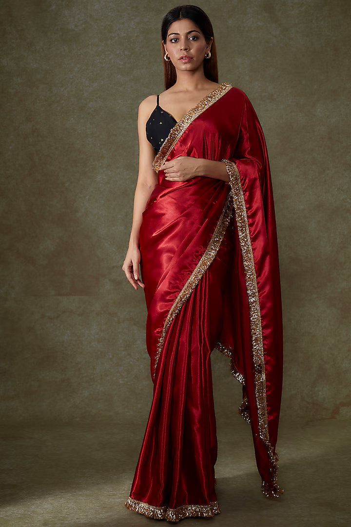 Deep Red Satin Saree Set