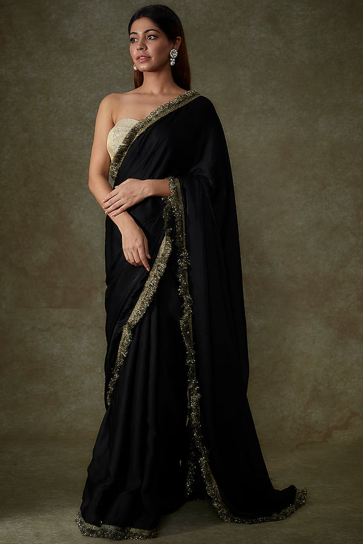 Black Satin Georgette Saree Set