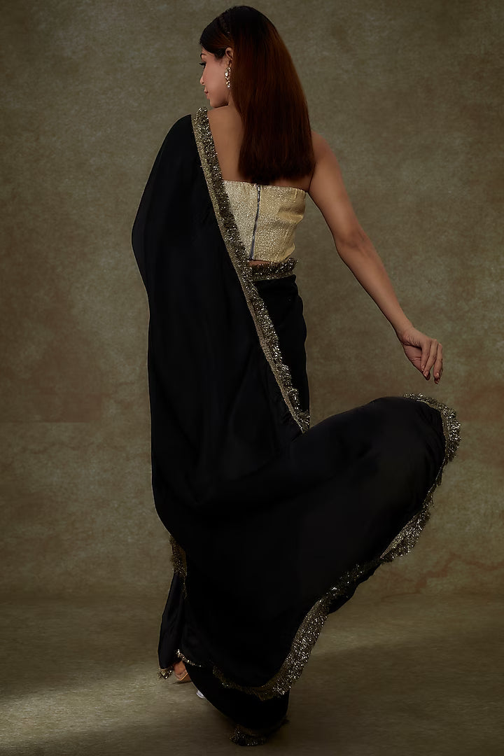 Black Satin Georgette Saree Set