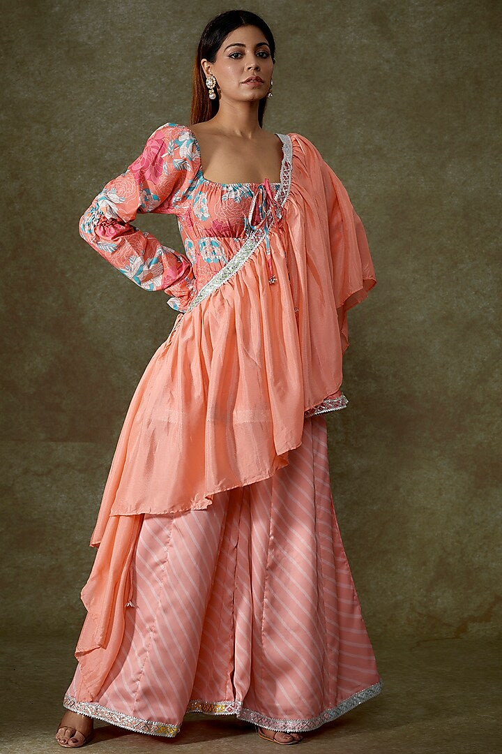 Peach Satin Georgette Printed Palazzo Pant Set