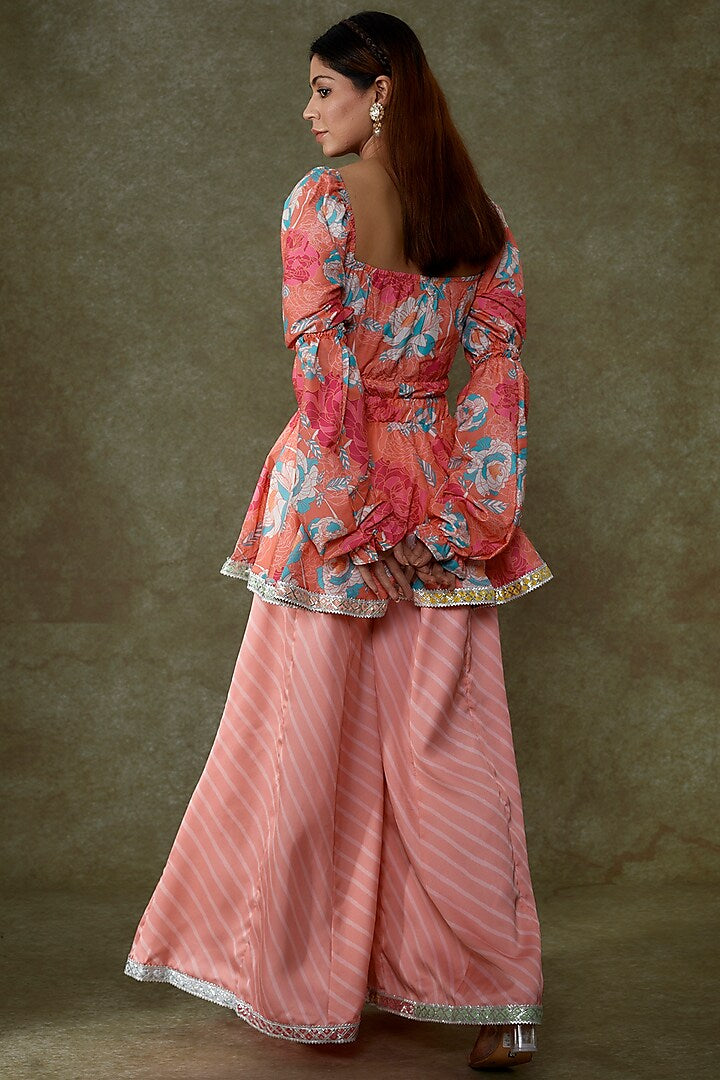 Peach Satin Georgette Printed Palazzo Pant Set