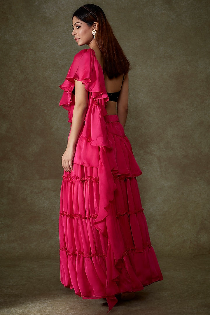 Pink Satin Georgette Pre-Draped Ruffle Saree Set