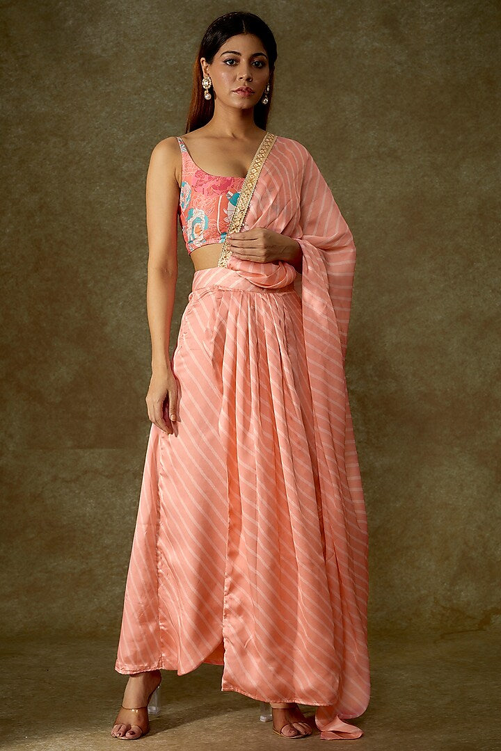 Pink Satin Georgette Pre-Draped Printed Saree Set