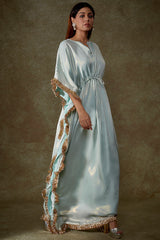 Blue Satin Georgette Fringe Kaftan