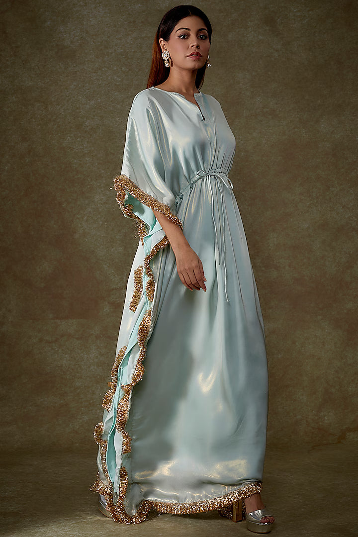 Blue Satin Georgette Fringe Kaftan