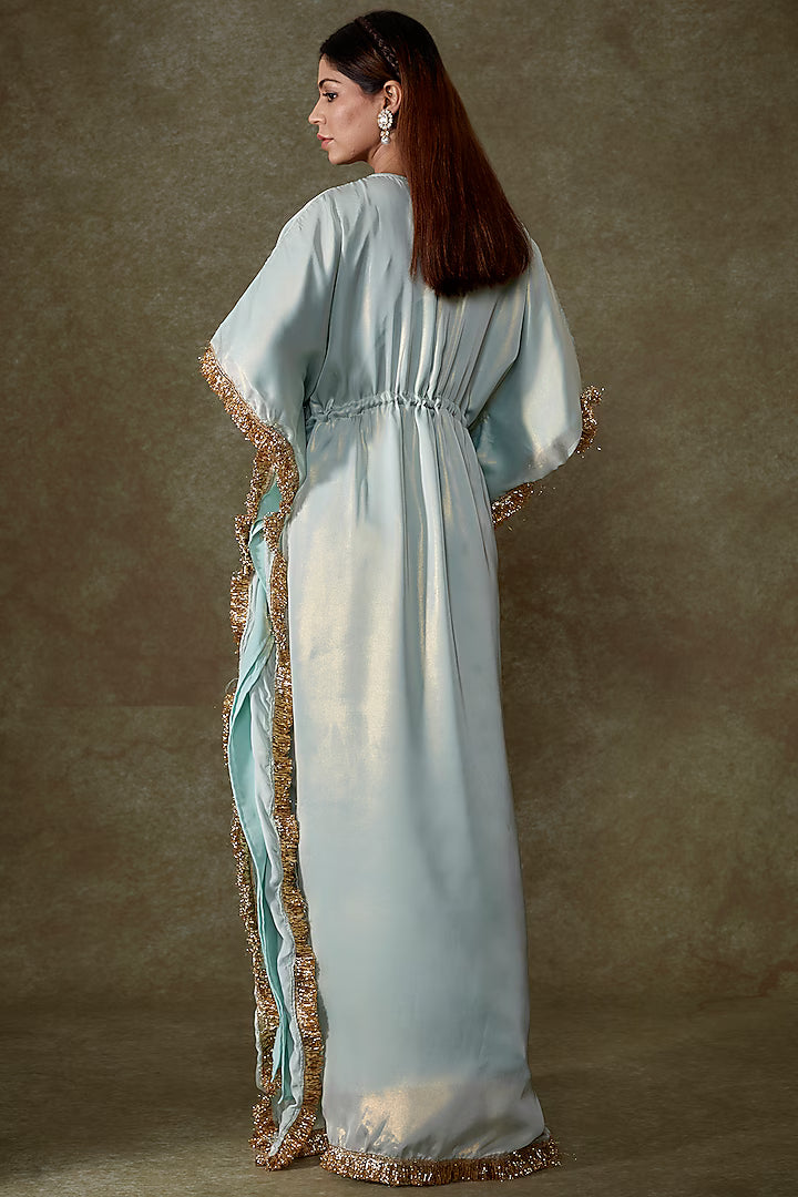 Blue Satin Georgette Fringe Kaftan