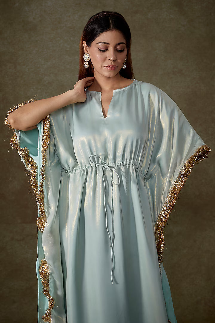 Blue Satin Georgette Fringe Kaftan