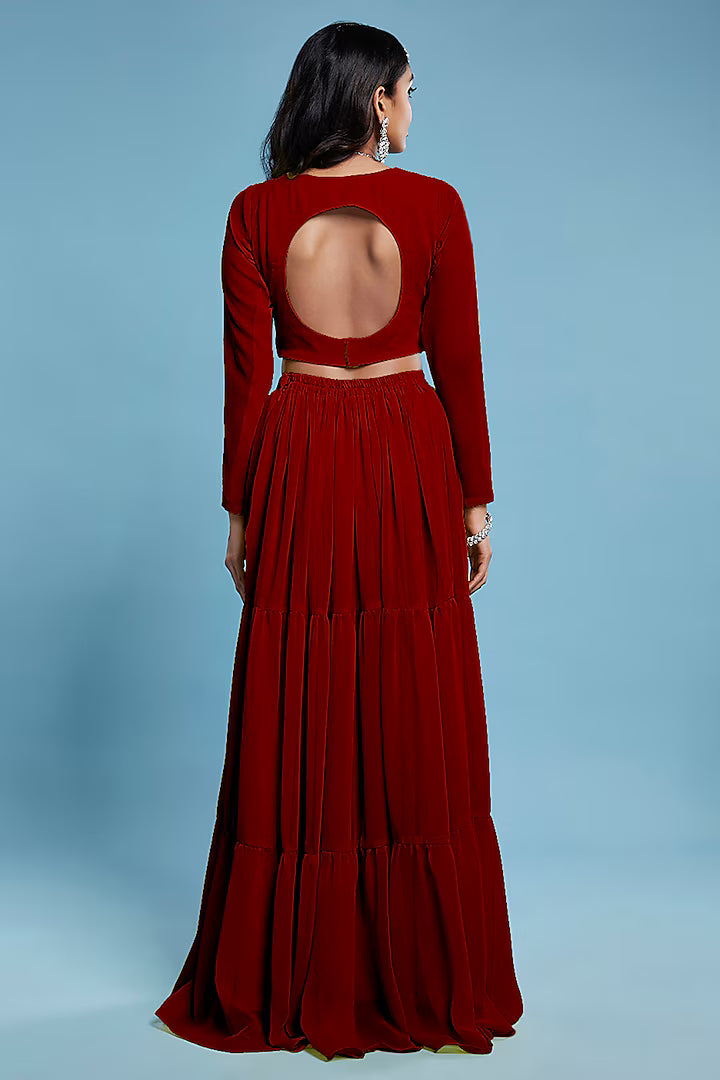 Maroon Recycled Polyester & Georgette Tiered Lehenga Set