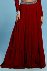Maroon Recycled Polyester & Georgette Tiered Lehenga Set