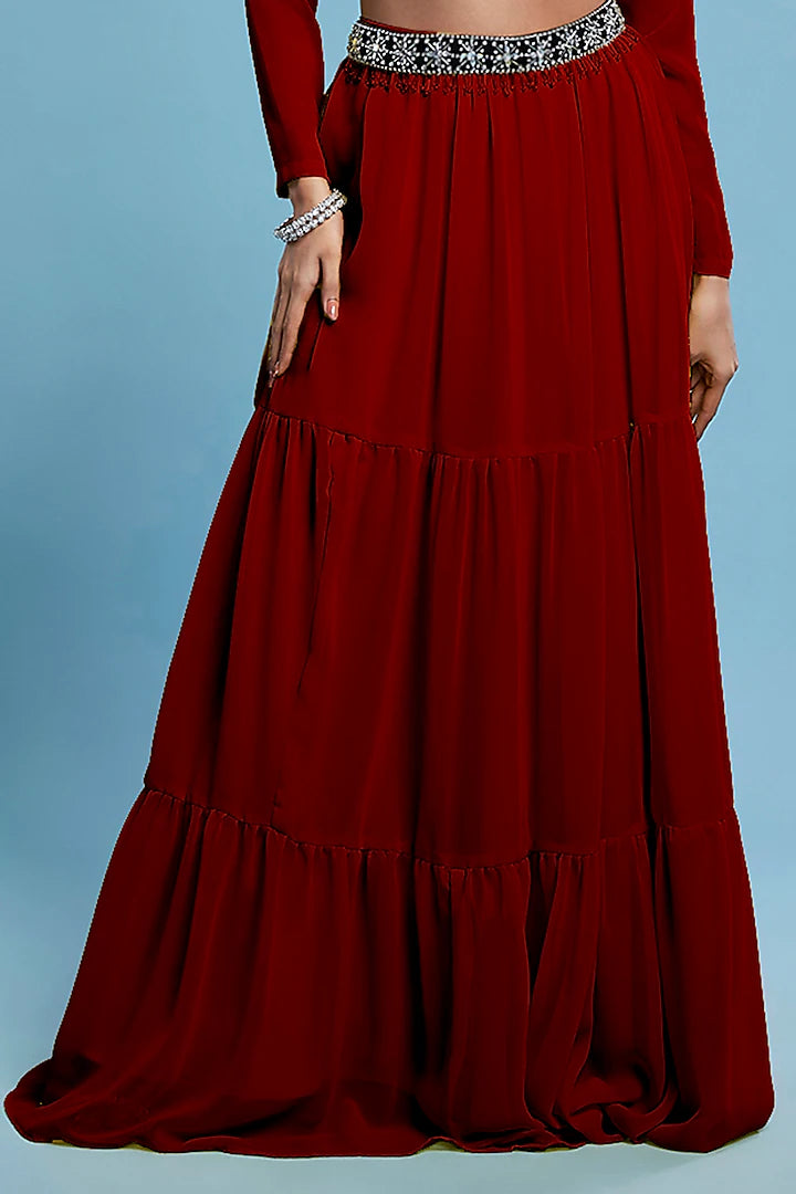 Maroon Recycled Polyester & Georgette Tiered Lehenga Set