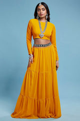 Mustard Recycled Polyester & Georgette Tiered Lehenga Set