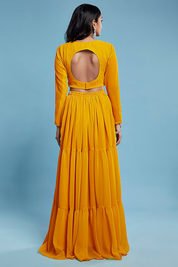 Mustard Recycled Polyester & Georgette Tiered Lehenga Set