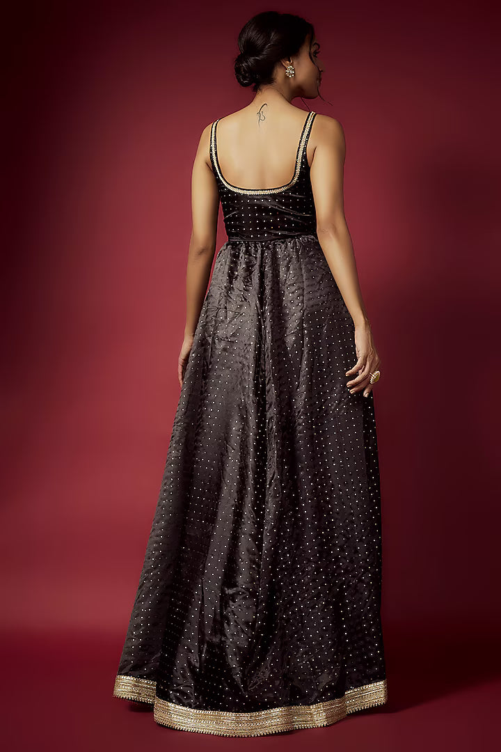 Black Recycled Polyester Sitara Foil Printed Gown With Dupatta