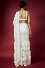 White Recycled Polyester Sequins Ruffled Pre-Draped Saree Set